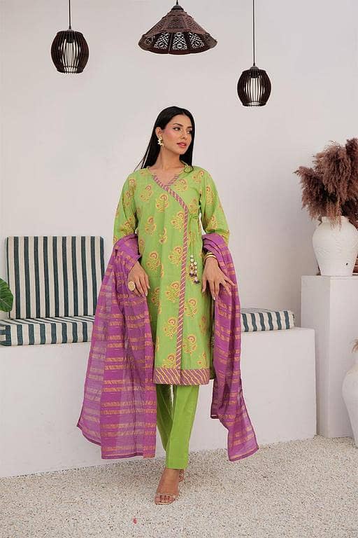 LBD-03021 | Parrot Green & Multicolor | Casual Plus 3 Piece Suit | Cotton Dye over Gold Print