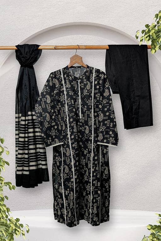LAD-02698 | Black & Fawn | Casual 3 Piece Suit  | Cotton Lawn Printed