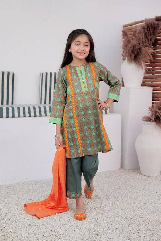 KBD-03022 | Green & Multicolor | Casual Plus 3 Piece Suit | Cotton Gold Printed