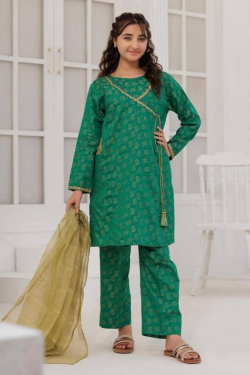 GBD-03057 | Turquoise Green & Golden | Casual Plus 3 Piece Suit | Cotton Jacquard