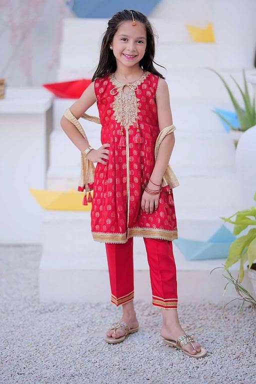 KDD-02407 | Red & Golden | Formal 3 Piece Suit | Banarsi Jamavar Fabric