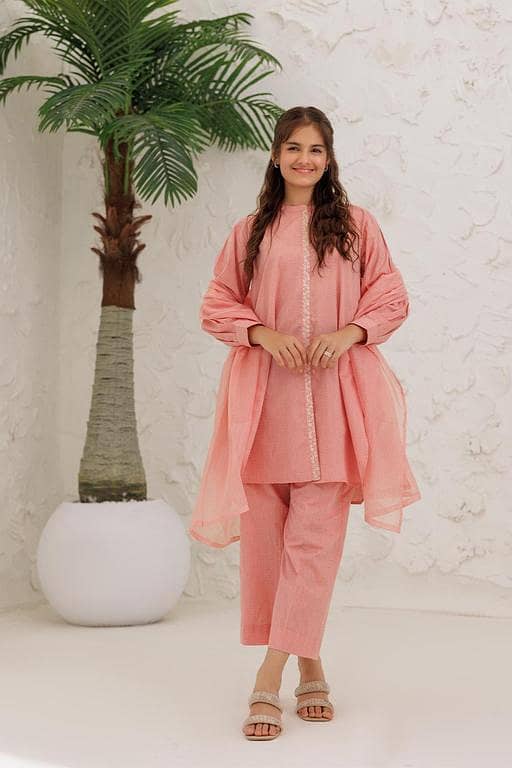 GAD-03029 | Peach & White | Casual 3 Piece Suit | Cotton Self Jacquard