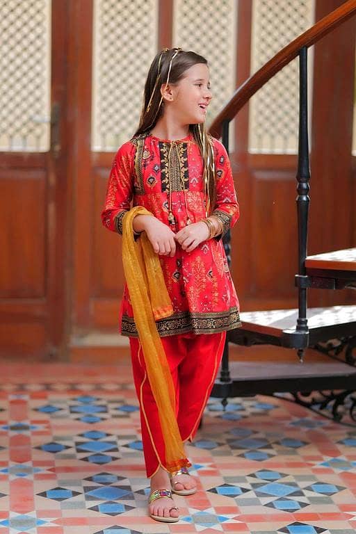 KBD-02001 | Red & Golden | Casual Plus 3 Piece Suit | Cotton Gold Printed Lawn