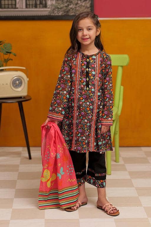KAD-02269 | Black & MultiColor | Casual 3 Piece Suit  | Cotton Lawn Print