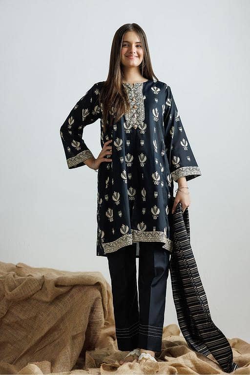 GAD-03160 | Black & Fawn | Casual 3 Piece Suit | Cotton Lawn Printed