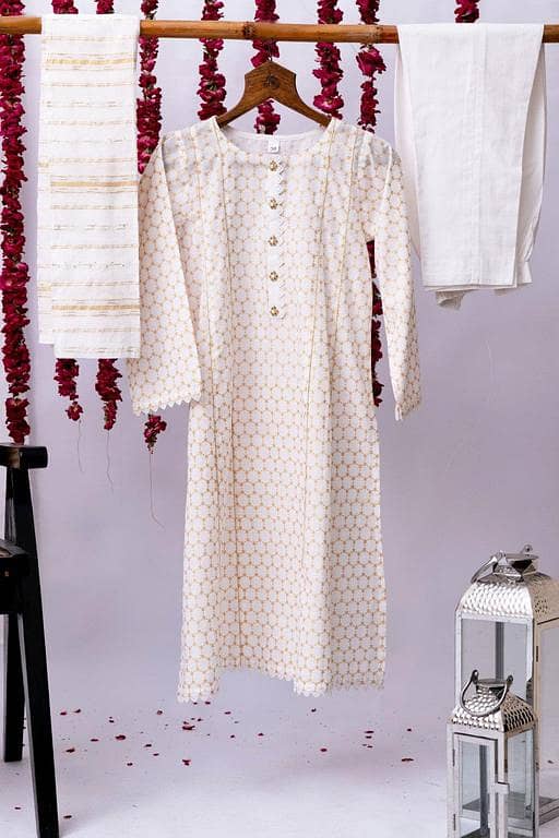 GAD-02713 | White & Gold | Casual 3 Piece Suit   | Cotton Cambric