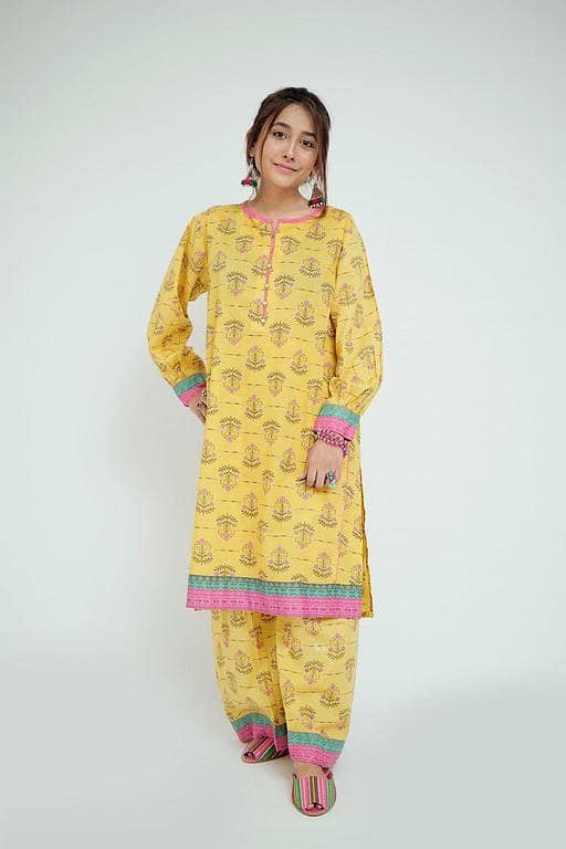 LAC-02692 | Yellow & Multicolor | Casual 2 Piece Suit  | Cotton Lawn Printed