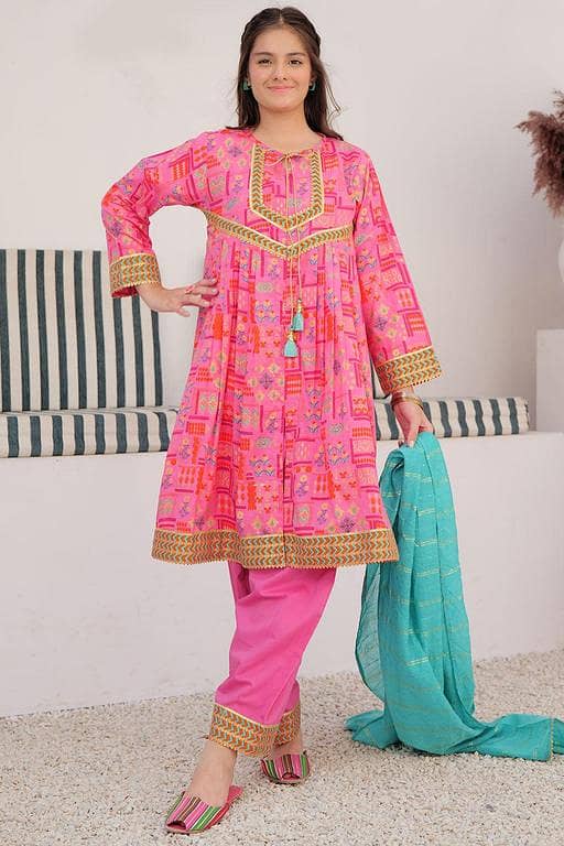 GBD-03034 | Shocking Pink & Multicolor | Casual Plus 3 Piece Suit | Cotton Gold Lawn Printed