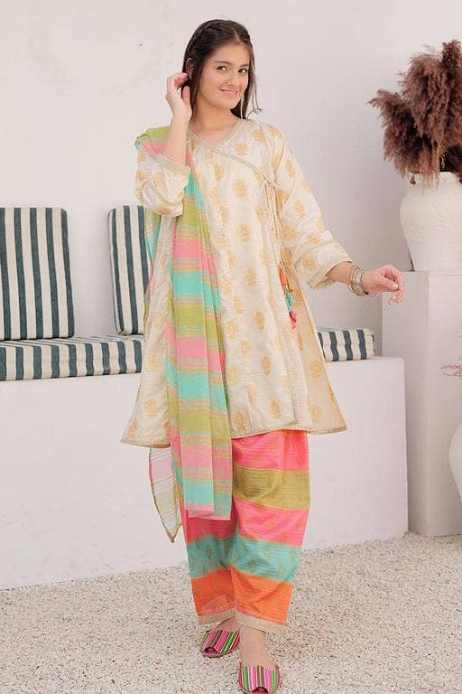 GDD-02849 | Fawn & Multicolor | Formal 3 Piece Suit | Taser Silk