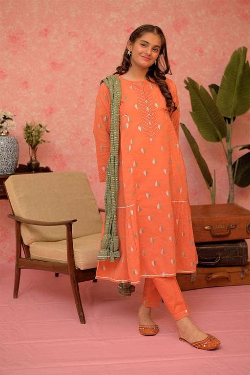 GBD-02962 | Orange & Multicolor | Casual Plus 3 Piece Suit | Cotton Jacquard