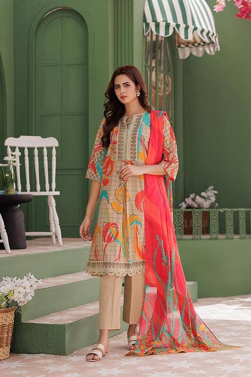 LAD-03039 | Fawn & Multicolor | Casual 3 Piece Suit | Cotton  Lawn Printed
