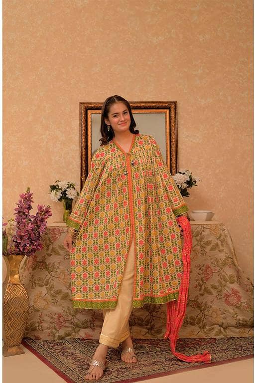 GBD-02954 | Fawn & Multicolor | Casual Plus 3 Piece Suit | Cotton Lawn Gold Printed