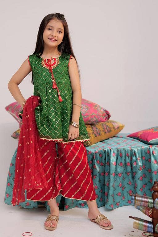 KDD-02419 | Green & Red | Formal 3 Piece Suit | Banarsi Organza