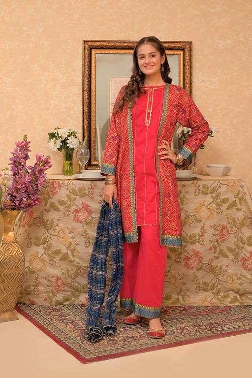 GBD-02952 | Red & Multicolor | Casual Plus 3 Piece Suit | Cotton  Lawn Gold Printed