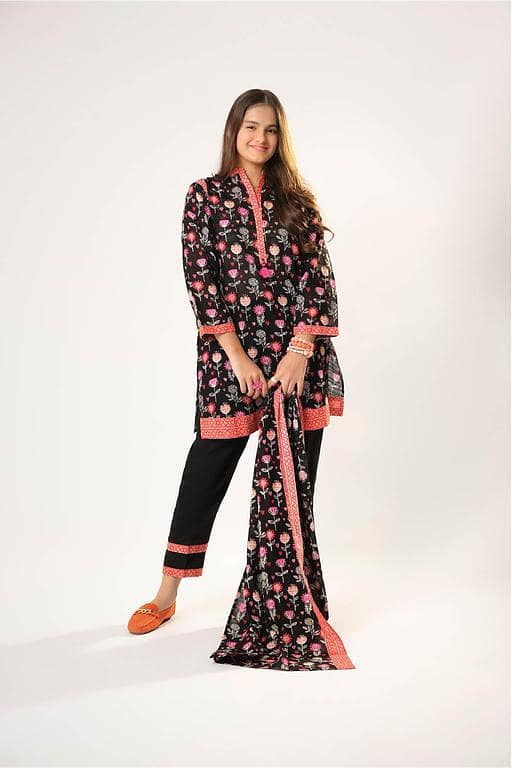 Girls winter clothes | Black & Multicolor | Casual 3 Piece Suit  | Cotton Khaddar Printed | GAD-03201