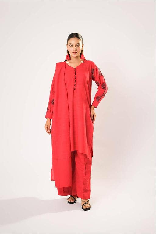 Women winter clothes | Red | Casual 3 Piece Suit | Cotton Khaddar Plain | LAD-03203