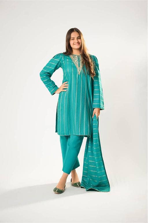 Girls winter clothes | Turquoise Green & Gold | Casual 3 Piece Suit  | Cotton Karandi Dobby  | GAD-03214