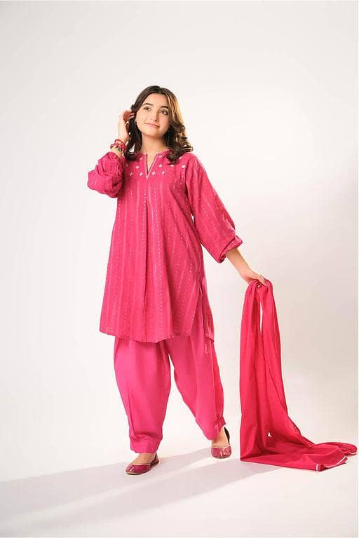 Girls winter clothes | S. Pink & Sliver | Casual 3 Piece Suit  | Cotton Karandi Dobby  | GAD-03213