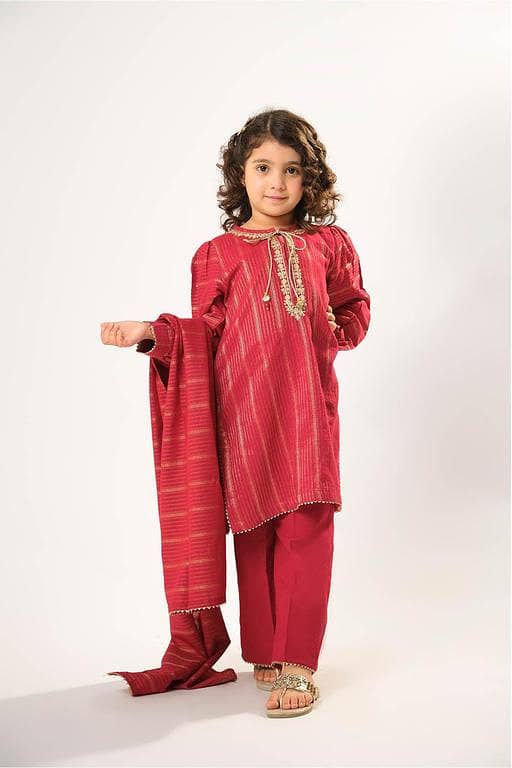 Kids winter clothes | Red & Gold | Casual 3 Piece Suit | Cotton Karandi Dobby | KAD-03217