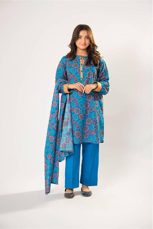 Girls winter clothes | Blue & Multicolor | Casual 3 Piece Suit  | Cotton Khaddar Printed | GAD-03200