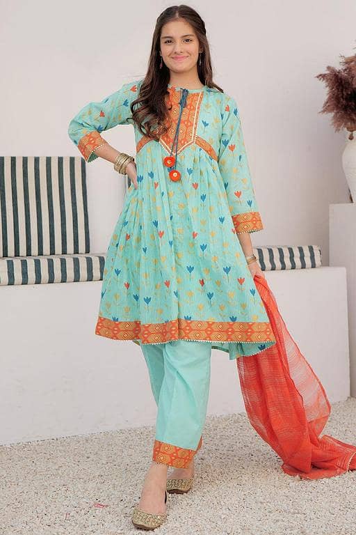 GBD-03003 | Sea Green & Muliticolor | Casual Plus 3 Piece Suit | Cotton Dobby Dye over Gold Print