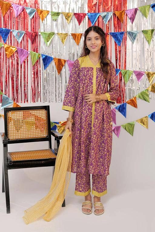 GBC-02527 | Purple & Gold | Casual Plus 3 Piece Suit  | Cotton Gold Print Lawn