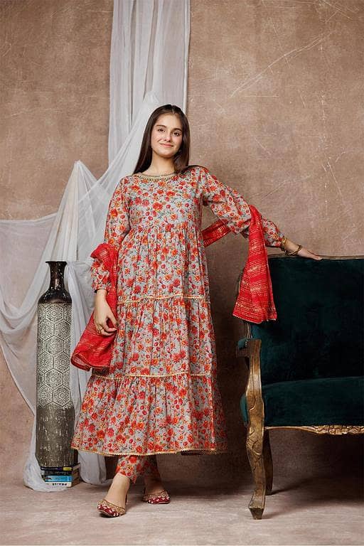 Girls formal clothes | Grey & Multicolor | Formal 3 Piece Suit  | Cotton By Organza Digital Print | GDD-02998