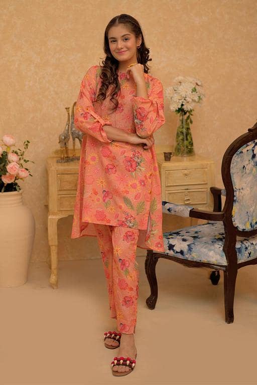 GBC-02943 | Orange & Multicolor | Casual 2 Piece Suit | Polyester Lawn Printed