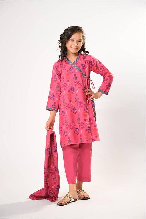 Kids winter clothes | Tea Pink & Multicolor | Casual 3 Piece Suit | Cotton Khaddar Printed | KAD-03194