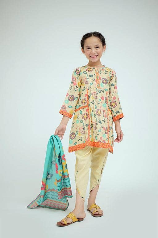 KAD-02575 | Fawn & Multicolor | Casual 3 Piece Suit | Cotton Lawn Printed