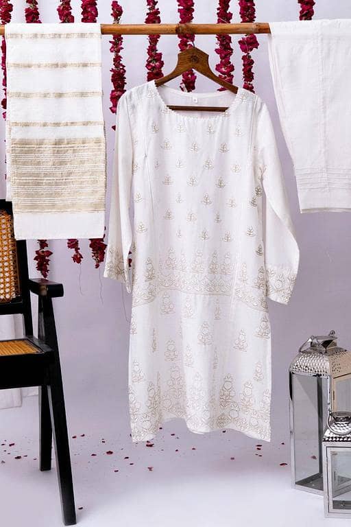 LAD-02712 | White | Casual 3 Piece Suit  | Cotton Cambric