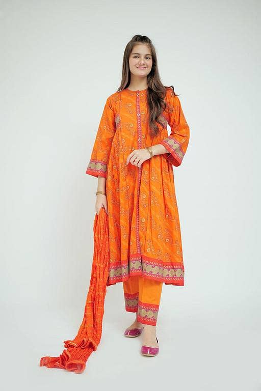 GBD-02649 | Orange & Gold | Casual Plus 3 Piece Suit  | Cotton Lawn Printed