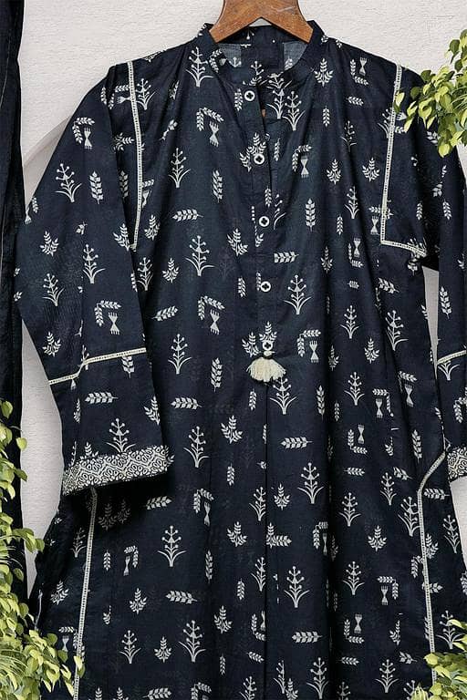 GAD-02700 | Black & Fawn | Casual 3 Piece Suit   | Cotton Lawn Printed