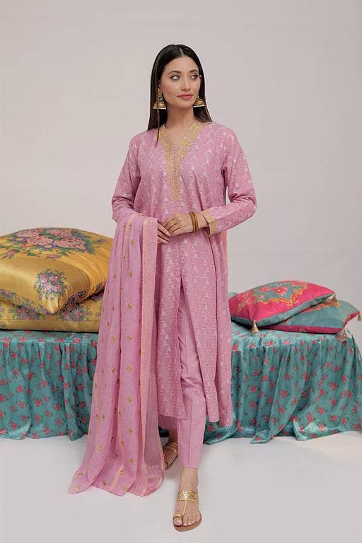 LBD-02559 | Pink & Multicolor | Casual plus 3 Piece Suit  | Cotton Yarn dyed Jacquard