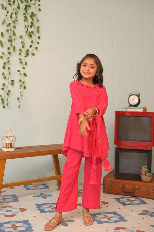 KBD-02846 | Shocking Pink & Multicolor | Casual Plus 3 Piece Suit | Cotton Jacquard