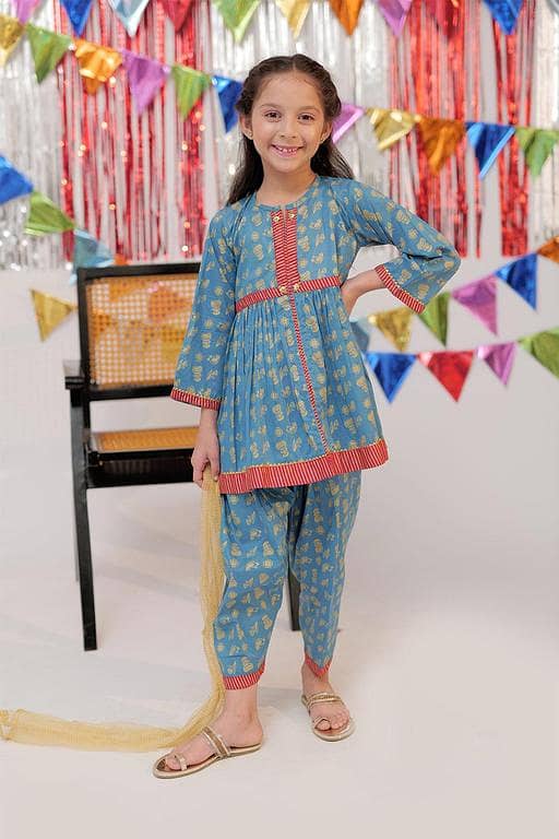 KBC-02525 | Blue & Gold | Casual Plus 3 Piece Suit | Cotton Gold Printed Lawn
