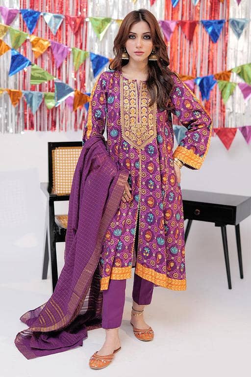LBD-02533 | Purple & Gold | Casual Plus 3 Piece Suit  | Cotton Gold Print Lawn