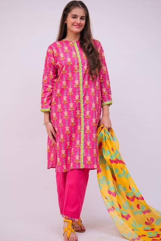 GAD-02748 | Shocking Pink & Multicolor | Casual 3 Piece Suit | Cotton  Lawn Printed