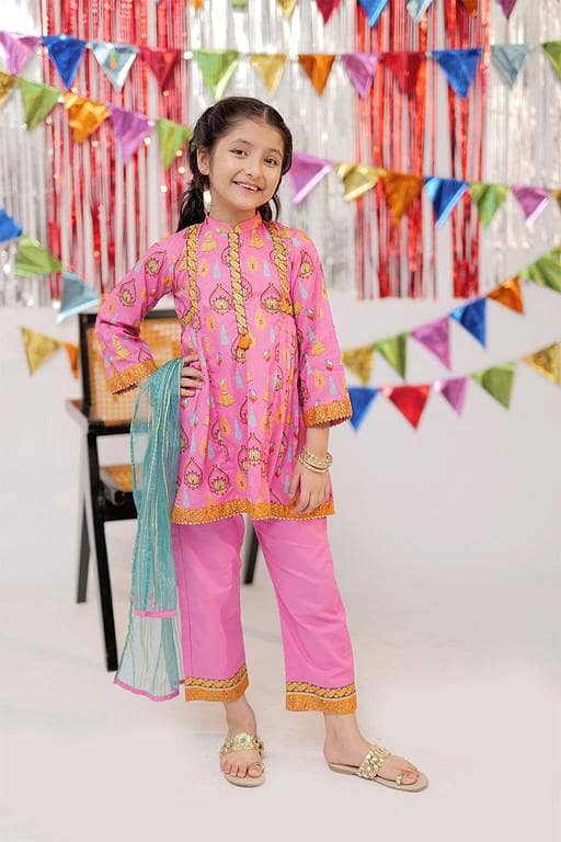 KBD-02536 | Pink & Gold | Casual Plus 3 Piece Suit | Cotton Gold Printed Lawn