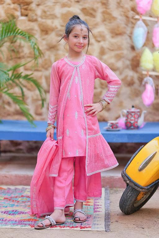 KDD-02766 | T. Pink & Gold | Formal 3 Piece Suit | Bori Net Fancy Fabric