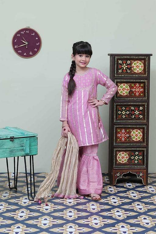 KDD-02141 | Tea Pink & Golden | Formal 3 Piece Suit | Banarsi Stripe Doria