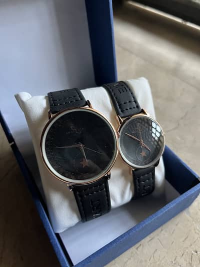 Matching Couple Watches with Black Leather Strap
