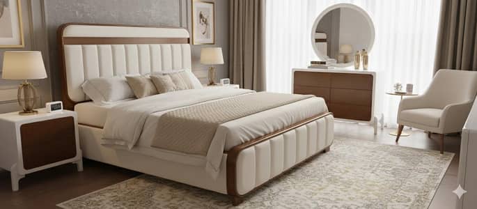 luxury high glass  bed plus two side tables  and dressing