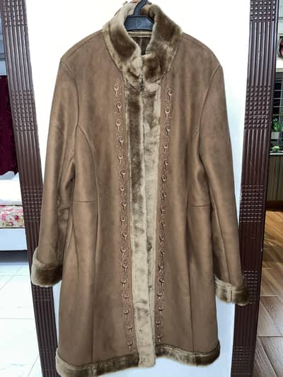 leather fur embroidered camel brown coat