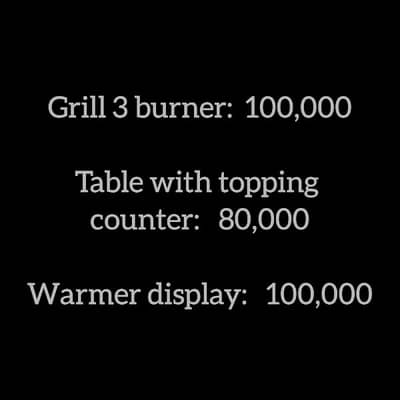 Grill 3 burner, table with topping counter and warmer display