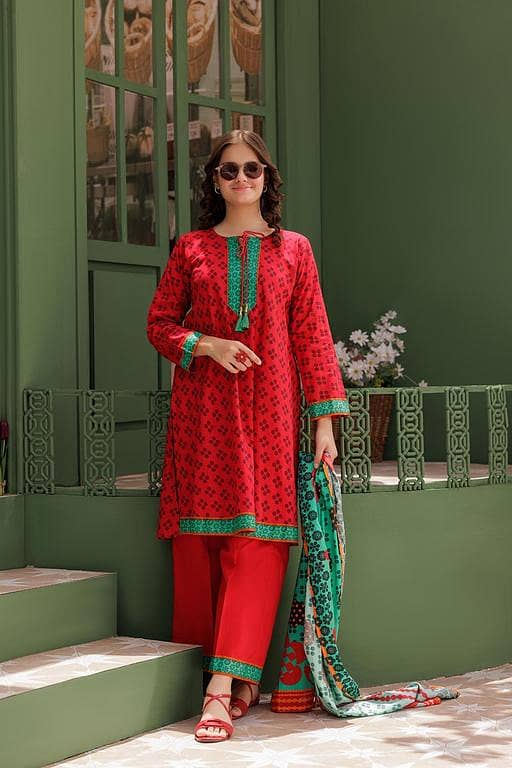 GAD-03058 | Red & Multicolor | Casual 3 Piece Suit | Cotton Lawn Printed