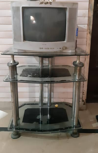14 inch tv with brand new trolly  &   computer trolly