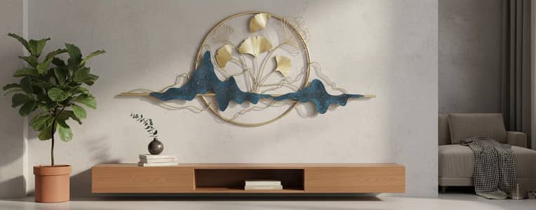 Luxury 3D Metal Wall Art - Gold Ginkgo Leaf & Blue Mountain Design