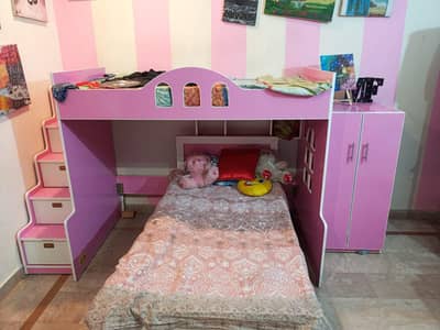 Kids Pink Bunk Bed + Study Table + Wardrobe Full set, Good Condition