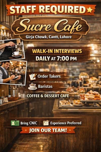 jobs in Lahore, Cafe jobs in Lahore, jobs in Lahore cantt